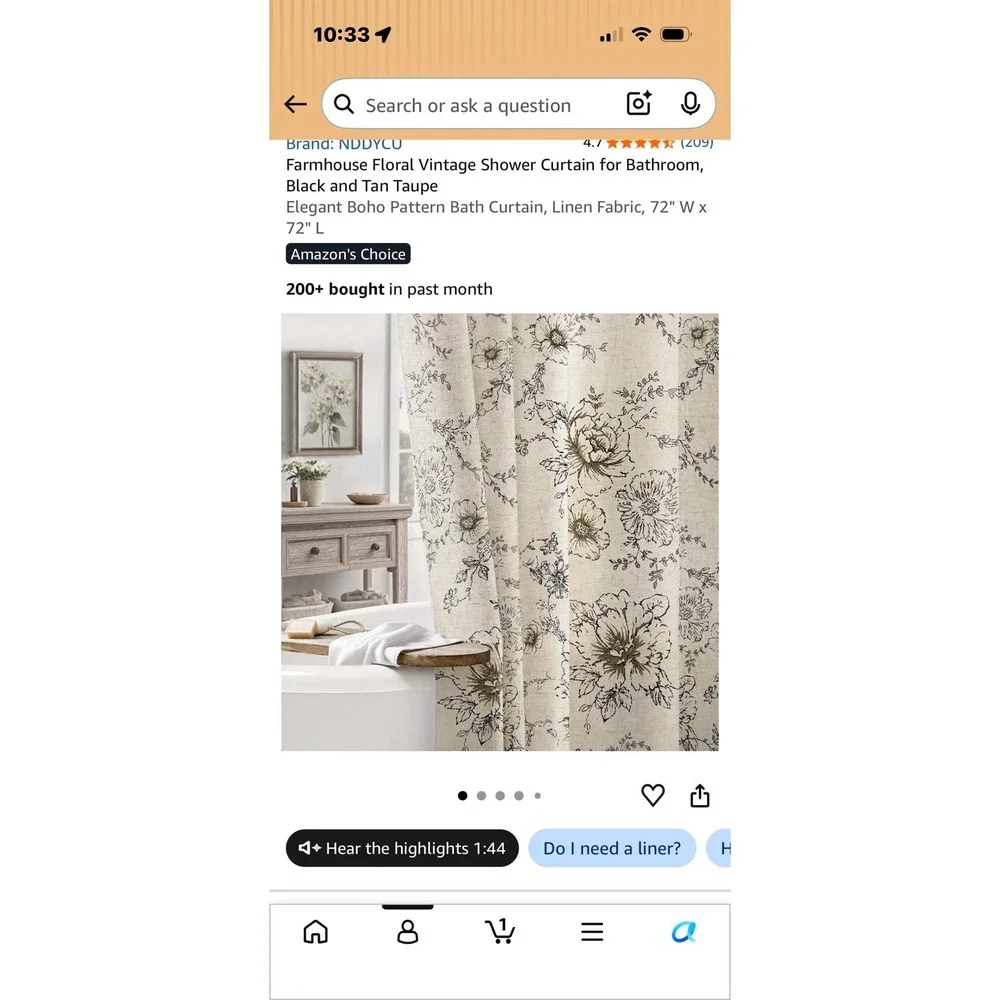 Vintage-Inspired Floral Shower Curtain, Black Tan Taupe 72x72 for Farmhouse Feel